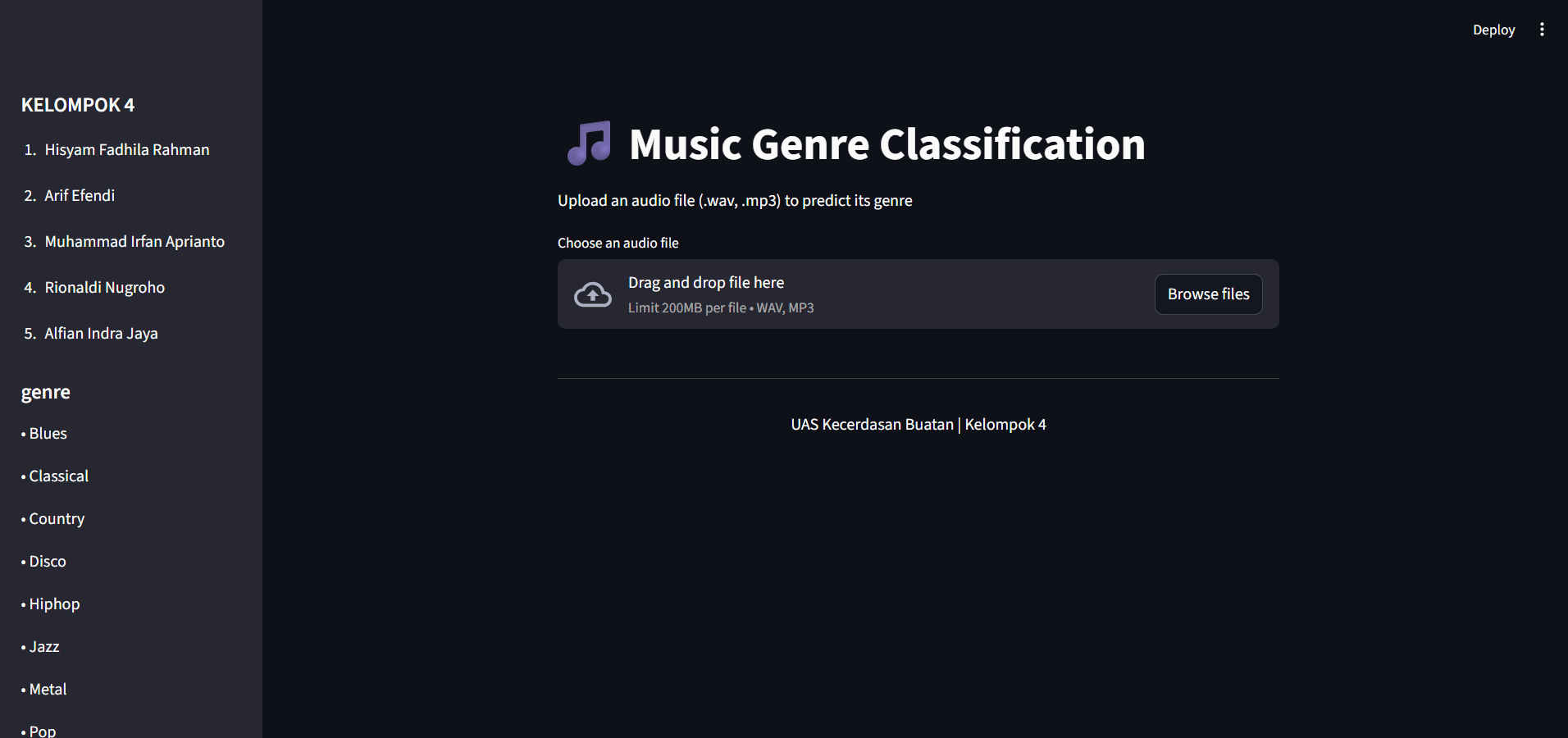 Music Genre Classification upload interface preview